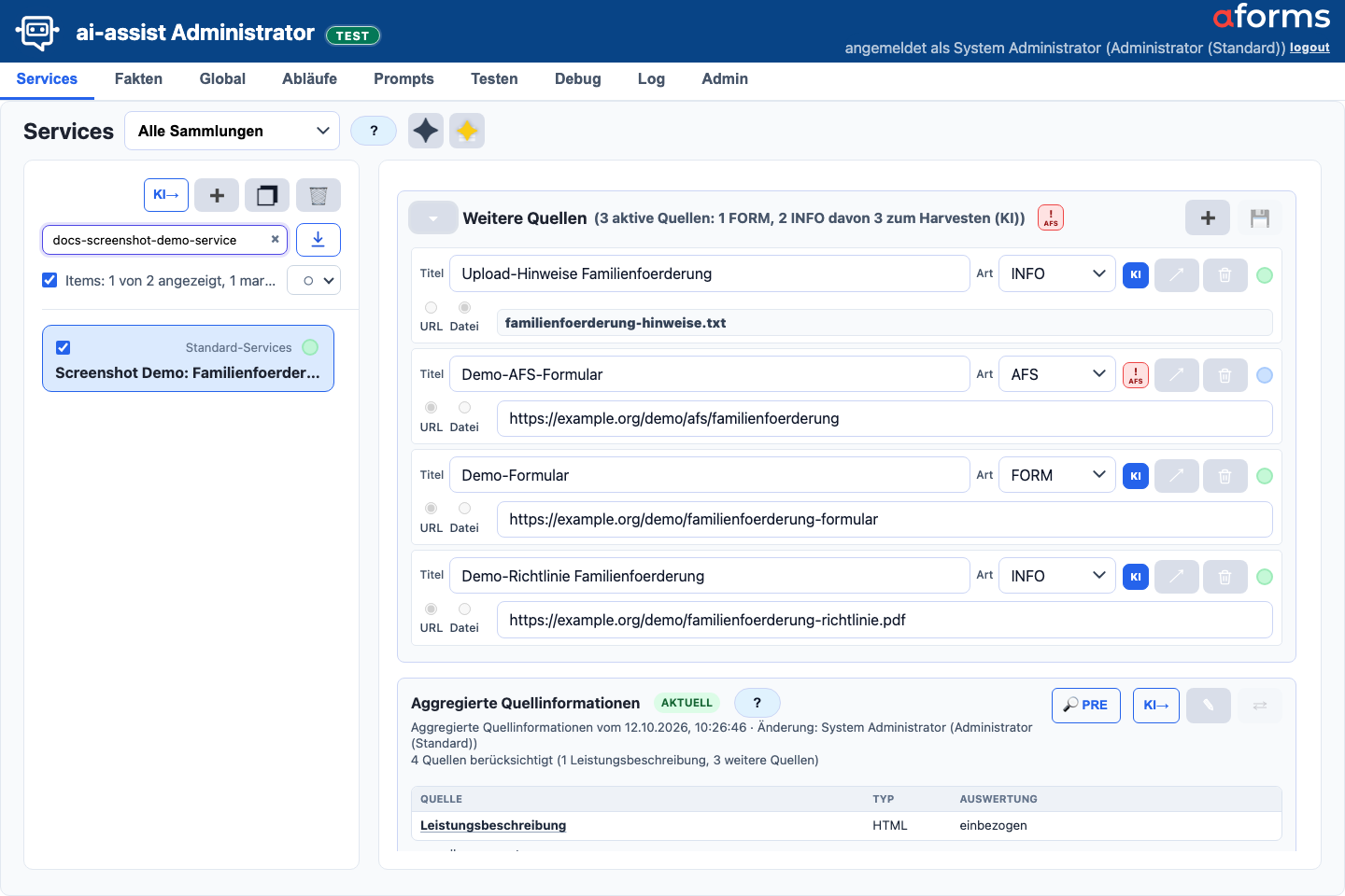 Services-Maske mit aufgeklapptem Block Weitere Quellen, Quellenzusammenfassung, Inline-Zeilen, KI-Toggle, Link-Symbol, Löschen und Freigabepunkt
