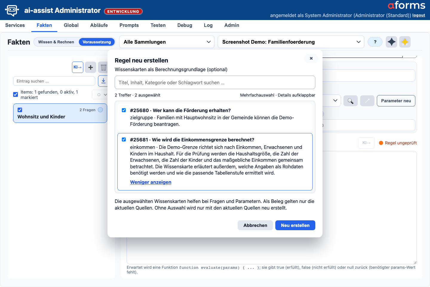 Dialog Regel neu erstellen mit Volltextsuche, aufklappbarem Kartentext und Mehrfachauswahl aktiver Wissenskarten